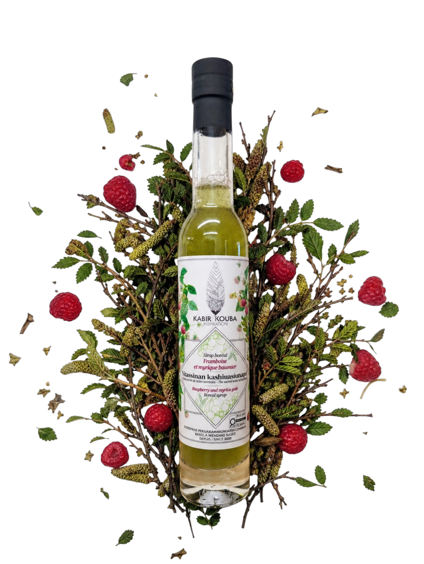 Bouteille de sirop boréal myrique baumier et framboise 200 ml par Kabir Kouba Inspiration, entourée de branches de myrique et de framboises