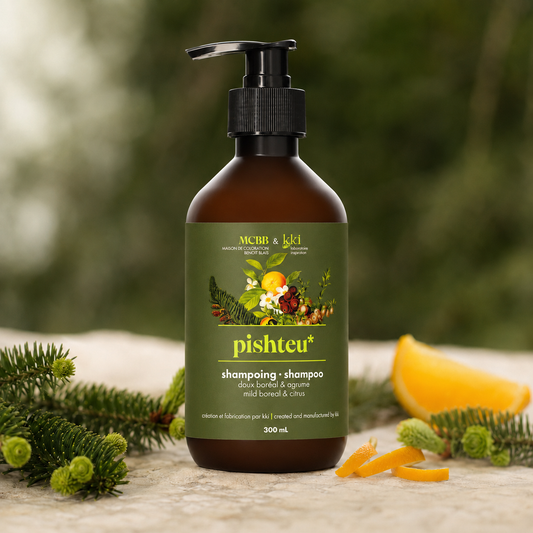 Pishteu, shampoing naturel sans sulfate aux huiles essentielles boréales, bouteille 355 ml avec pompe, fabriqué à Wendake par MCBB et Kabir Kouba Inspiration