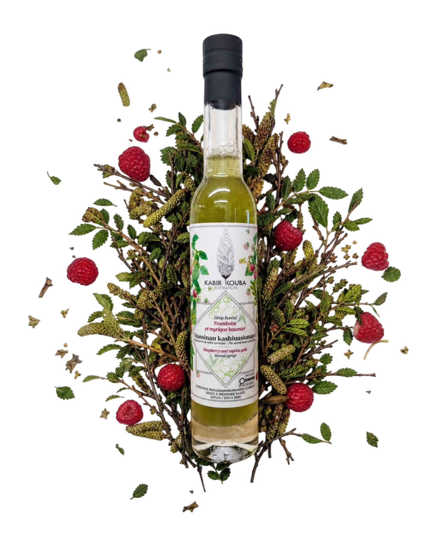 Bouteille de sirop boréal myrique baumier et framboise KKI, format 200 ml