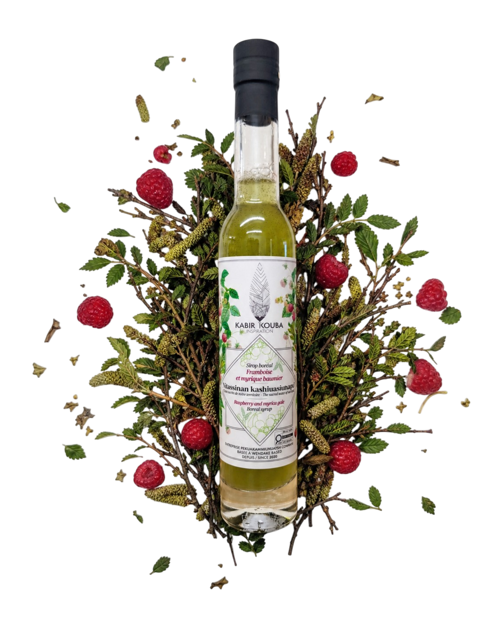 Bouteille de sirop boréal myrique baumier et framboise KKI, format 200 ml