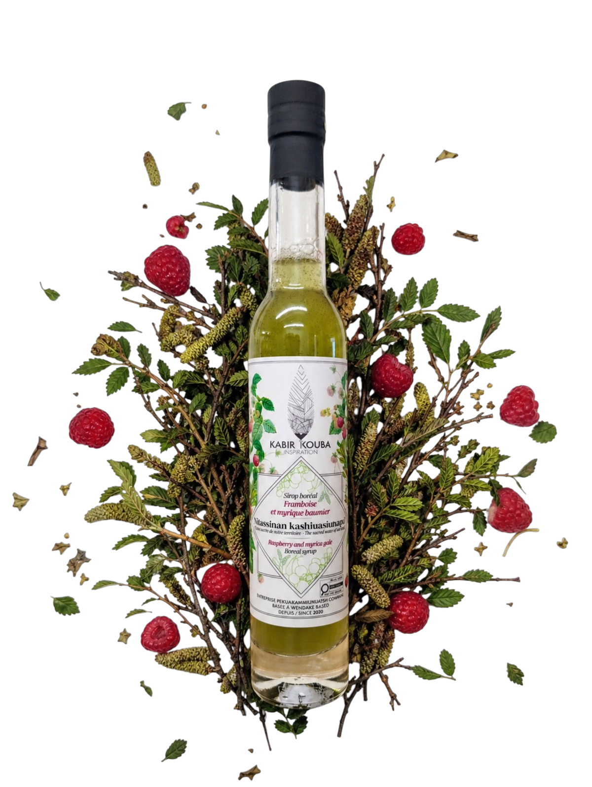 Bouteille de sirop boréal myrique baumier et framboise 200 ml par Kabir Kouba Inspiration, entourée de branches de myrique et de framboises