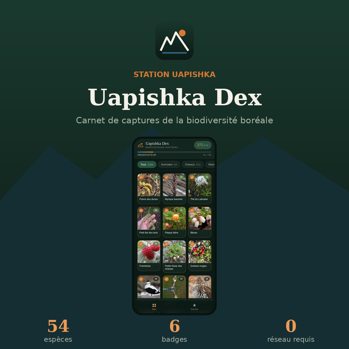 Uapishka Dex — 54 espèces, 6 badges, fonctionne sans réseau